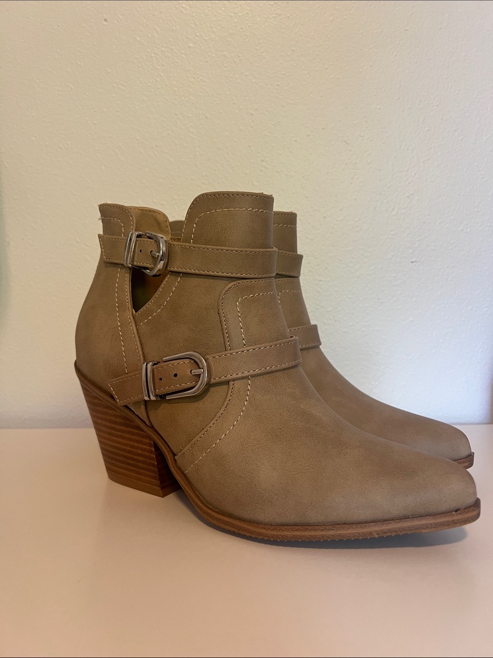 Women's Tan Ankle Booties with Buckle Accent